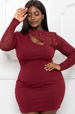 Burgundy Lace Panel Plus Size Mini Dress – Long Sleeve